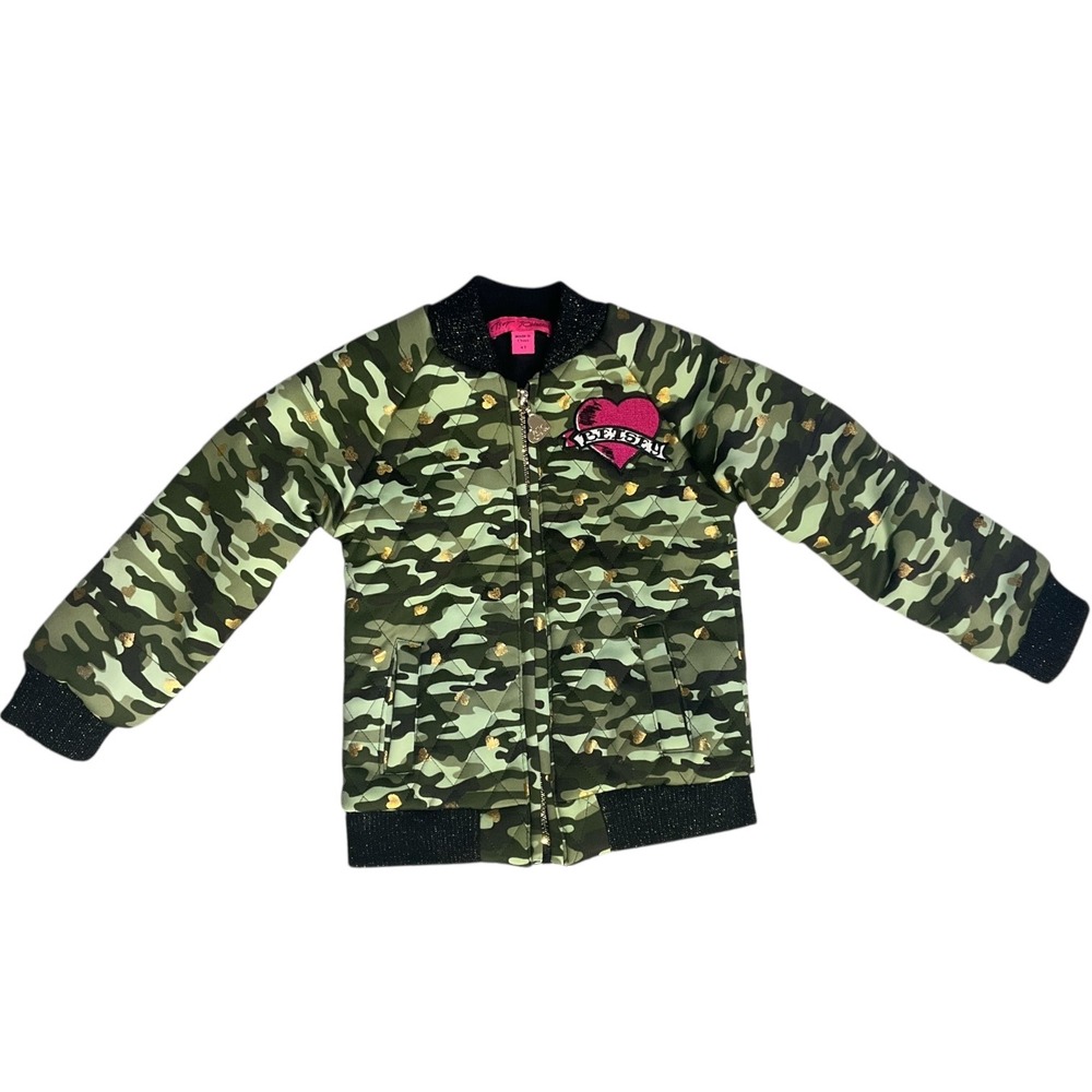Betsey Johnson Kids Girls 4T Camo Quilted Bomber Jacket Gold Hearts Glitter Trim